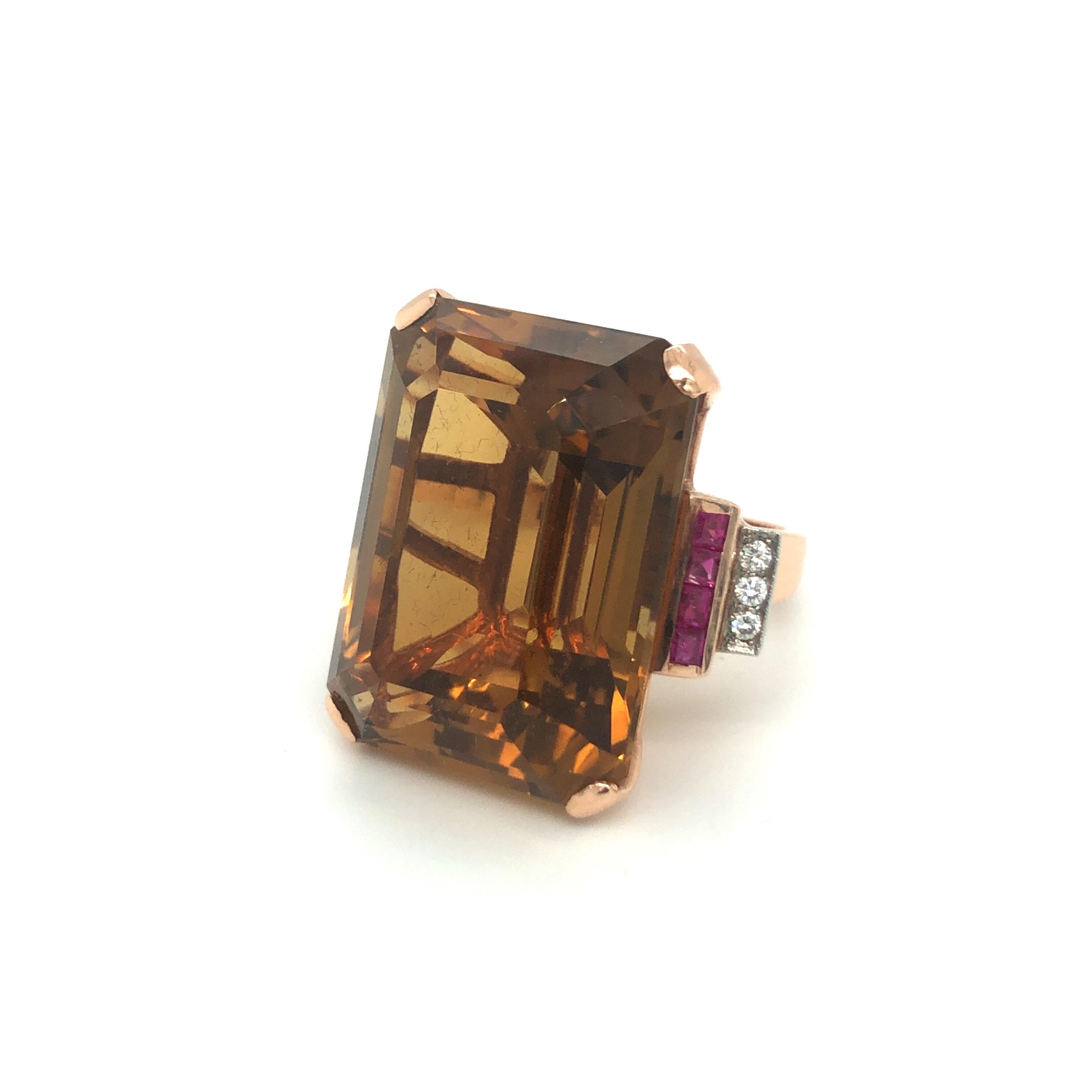 Women's Retro Citrine Ruby Diamond 14 Karat Rose Gold Cocktail Ring