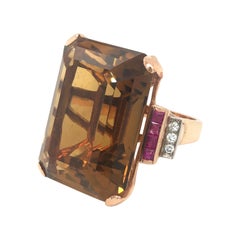 Vintage Citrine Ruby Diamond 14 Karat Rose Gold Cocktail Ring