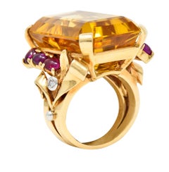 Retro Citrine Ruby Diamond 14 Karat Two-Tone Gold Statement Ring