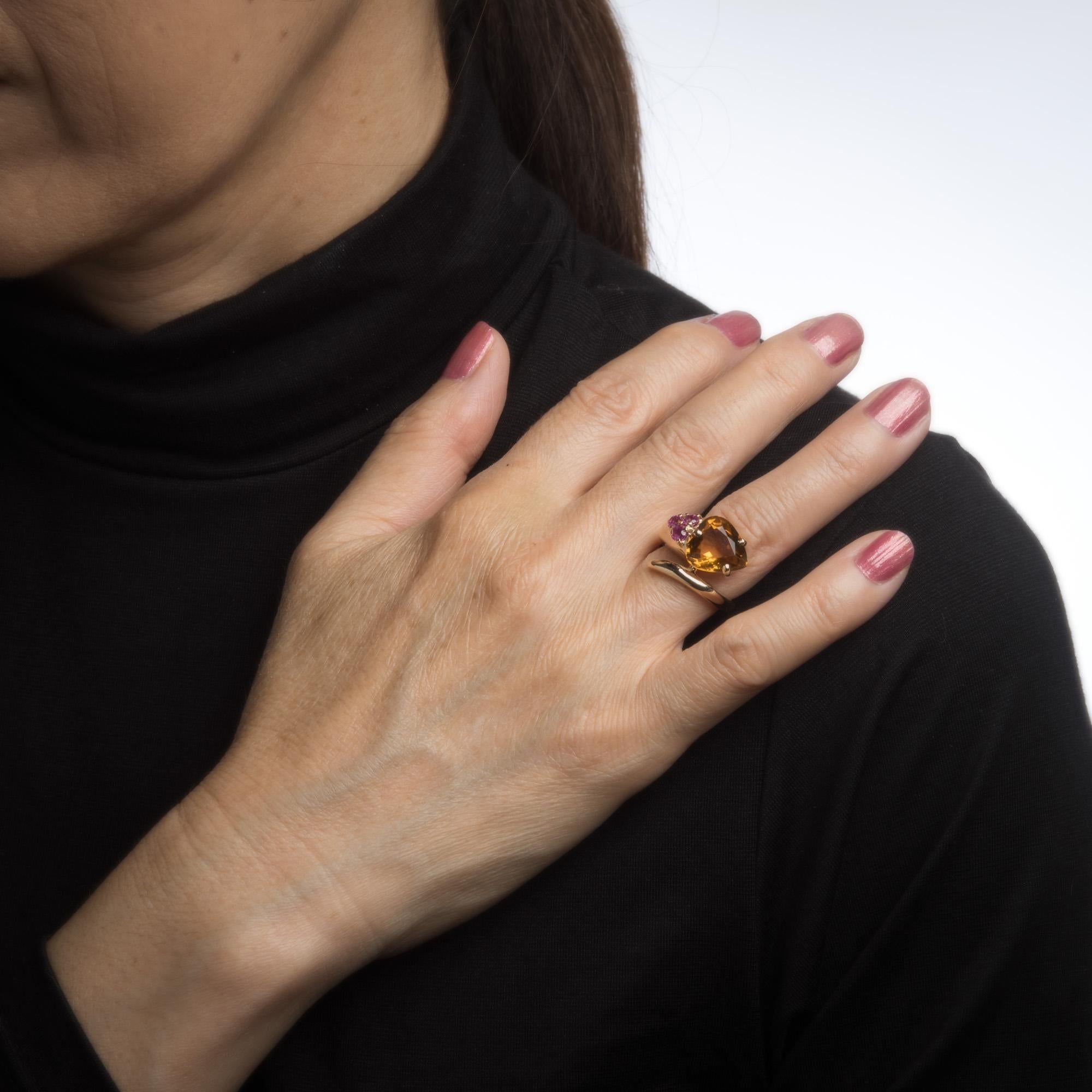 Women's Retro Citrine Ruby Snake Ring Vintage 14 Karat Yellow Gold Estate Fine Jewelry