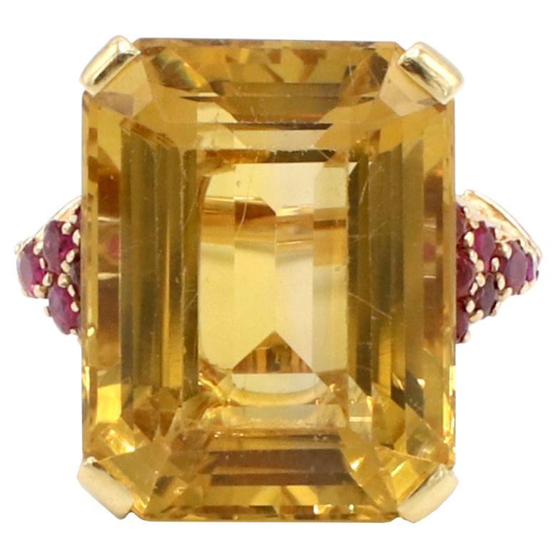 Retro Citrine & Ruby Yellow Gold Cocktail Ring 
Metal: 14k yellow gold
Weight: 14.72 grams
Citrine: 21.5 x 17 x 12mm (approx. 30 carats)
Size: 9 (US)
Height: 12mm
