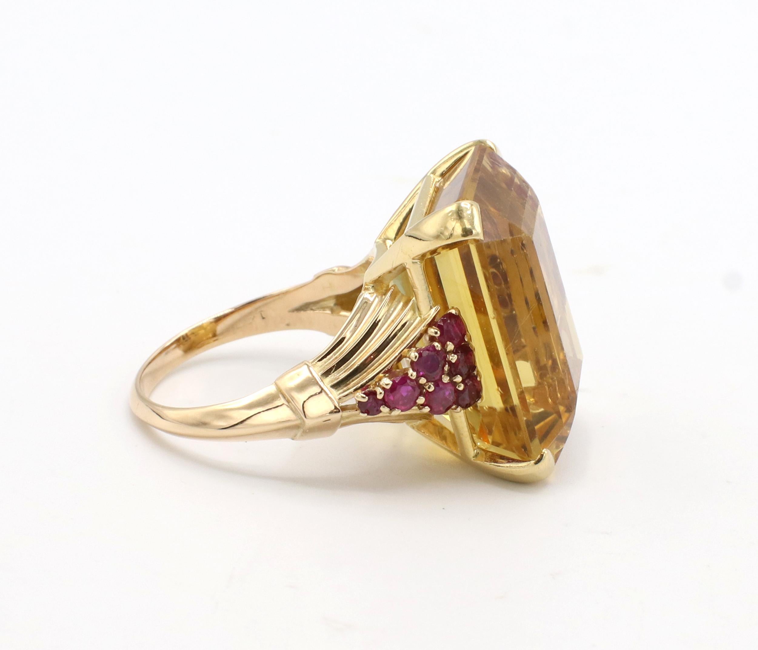 Emerald Cut Retro Citrine & Ruby Yellow Gold Cocktail Ring