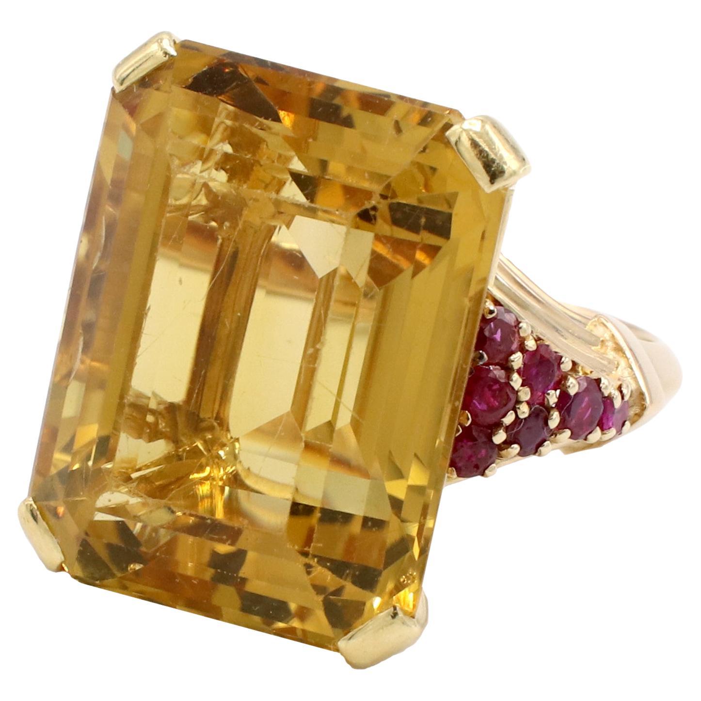 Retro Citrine & Ruby Yellow Gold Cocktail Ring