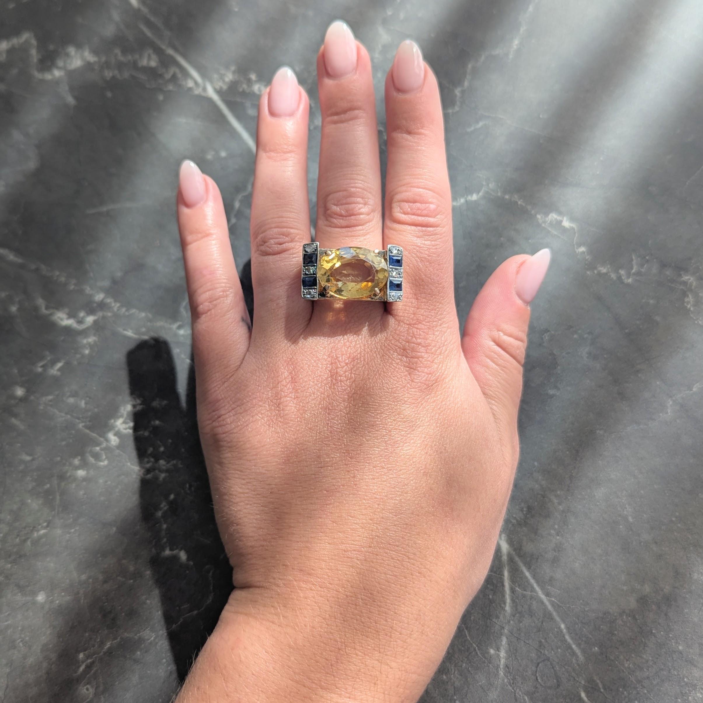 Rétro Retro Citrine Saphir Diamant Argent A A Silver Or 18 Karat Vintage Cocktail Ring en vente