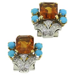 Retro Citrine Turquoise Diamond Earrings