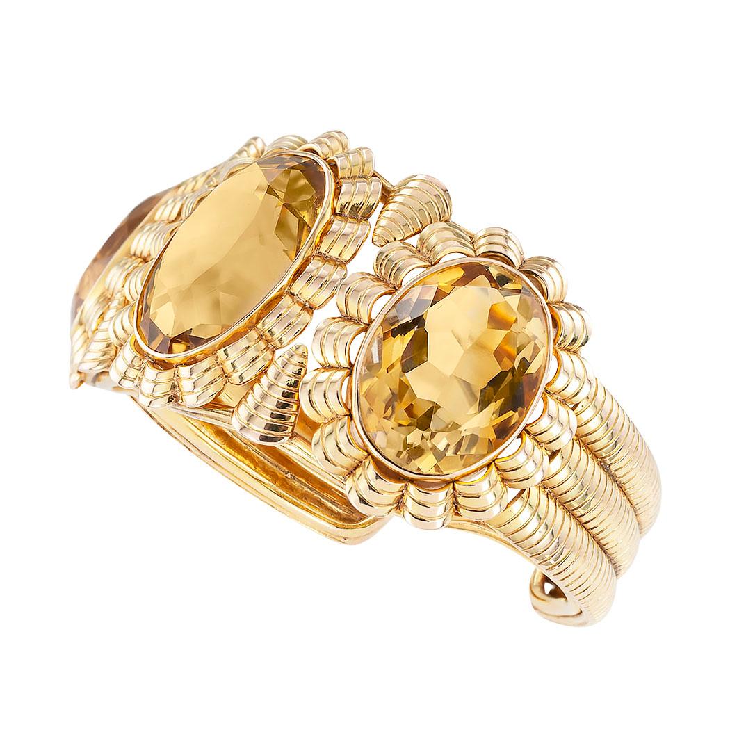 Retro citrine and yellow gold three stone handmade cuff bracelet circa 1950.  Clear and concise information you want to know is listed below.  Contact us right away if you have additional questions.  We are here to connect you with beautiful and