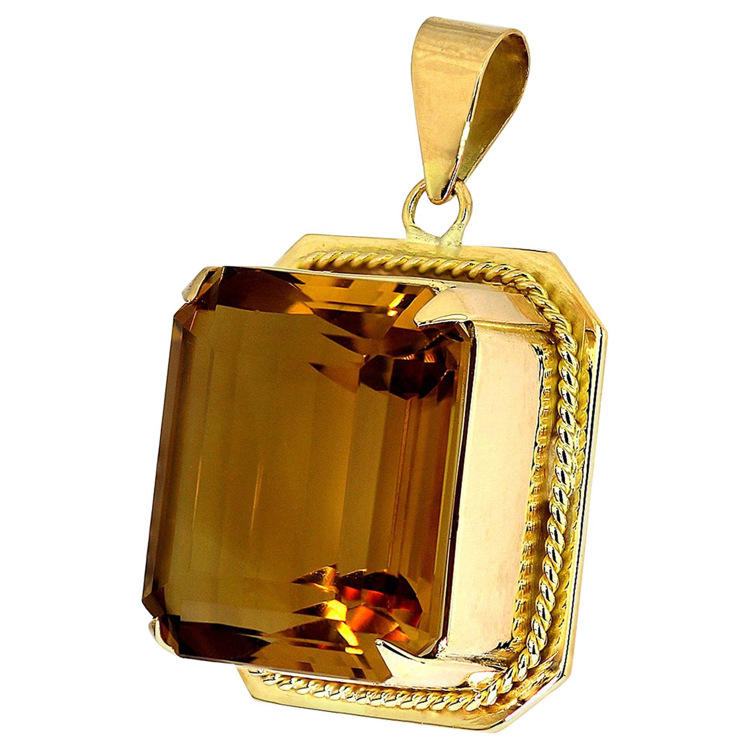 Retro, Citrine 'Yellow Orange Color' Pendant, Rectangular Emerald Cut in 18K For Sale