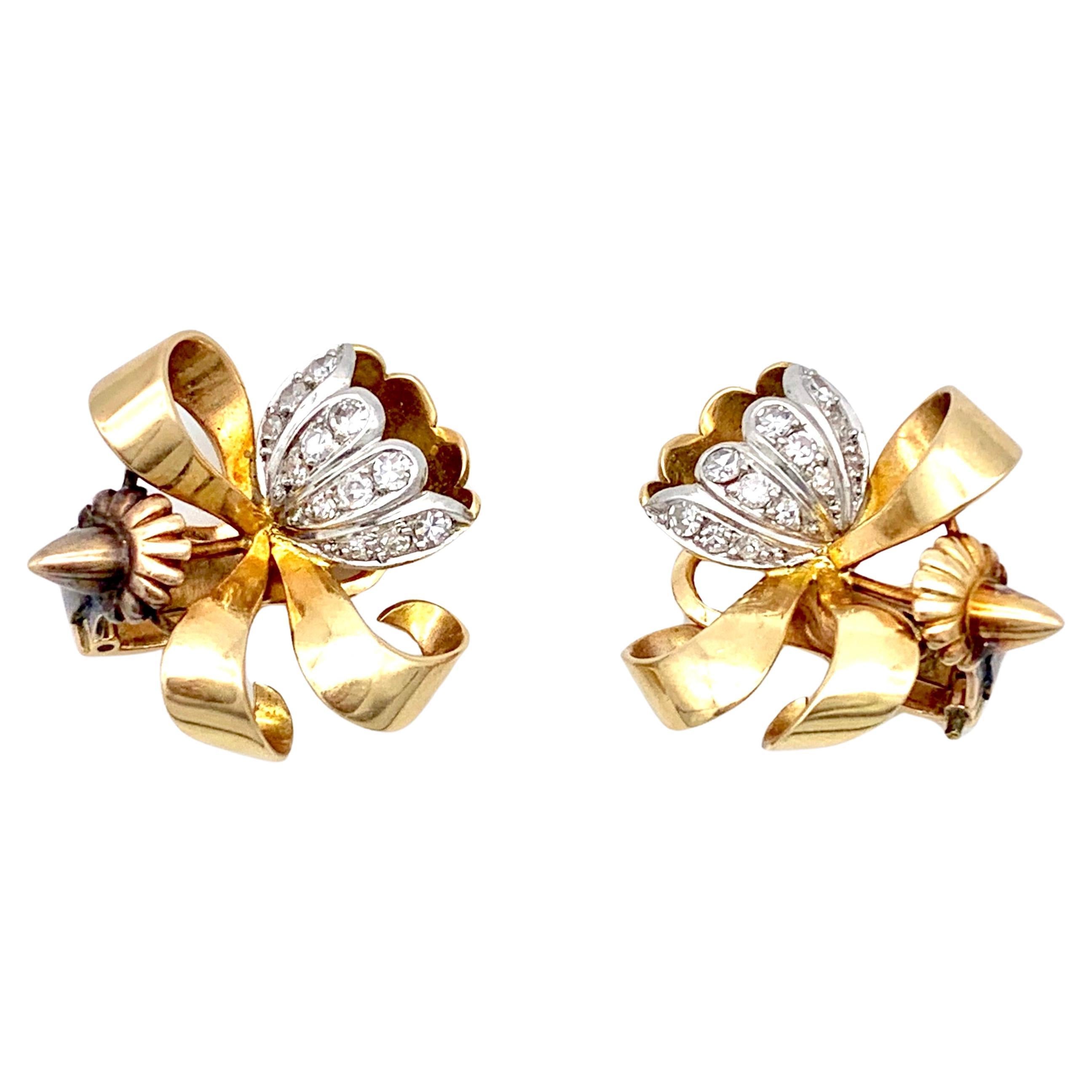 Retro Clip-on Earrings Rose Gold Yellow Gold Platinum Diamonds  For Sale