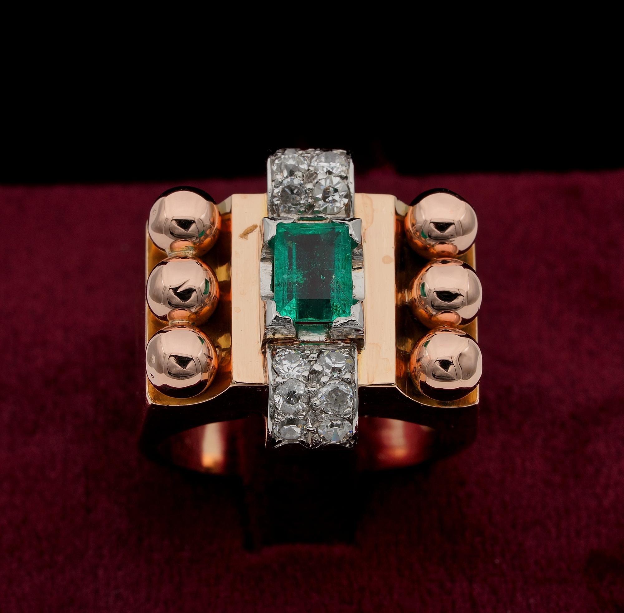 This fabulous Retro period ring is 1935/40 circa
Bearing French import duty hallmark
Big, bold design was distinctive of the 40’s, this quite ring unique featuring strong character of the era has been skilfully made of solid 18 KT rose gold and