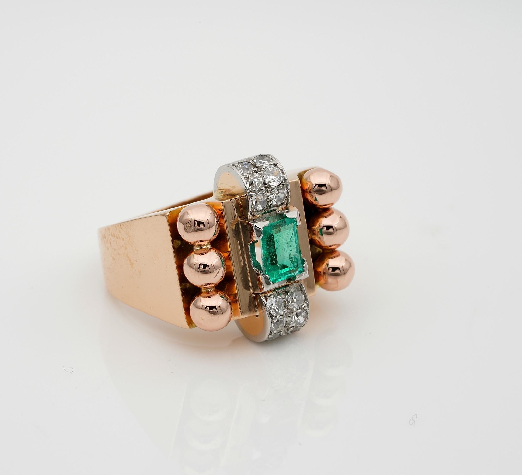Emerald Cut Retro Colombian Emerald Diamond 18 KT Tank Ring For Sale