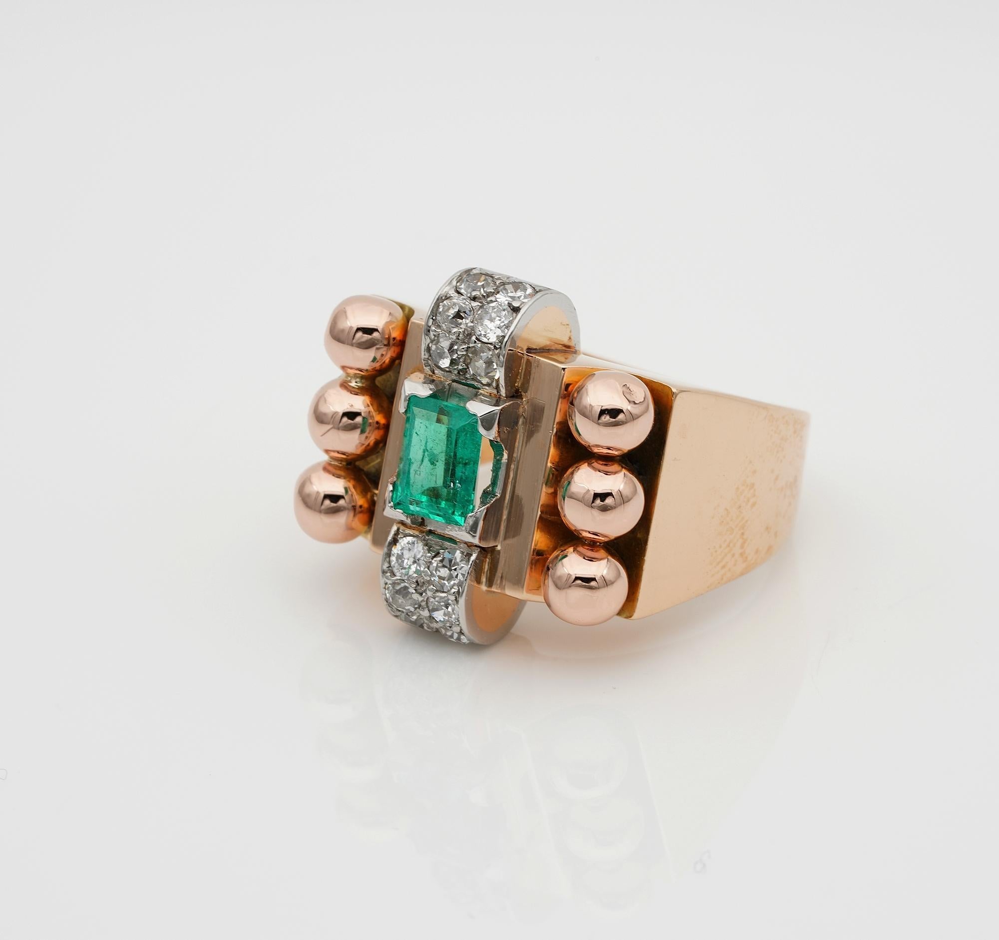 Women's Retro Colombian Emerald Diamond 18 KT Tank Ring For Sale