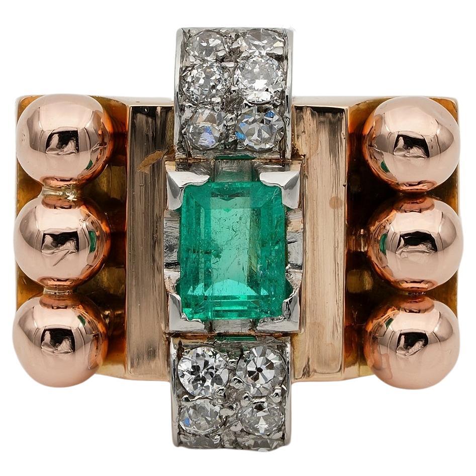 Retro Colombian Emerald Diamond 18 KT Tank Ring For Sale