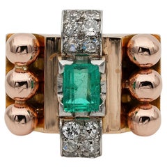 Retro Colombian Emerald Diamond 18 KT Tank Ring