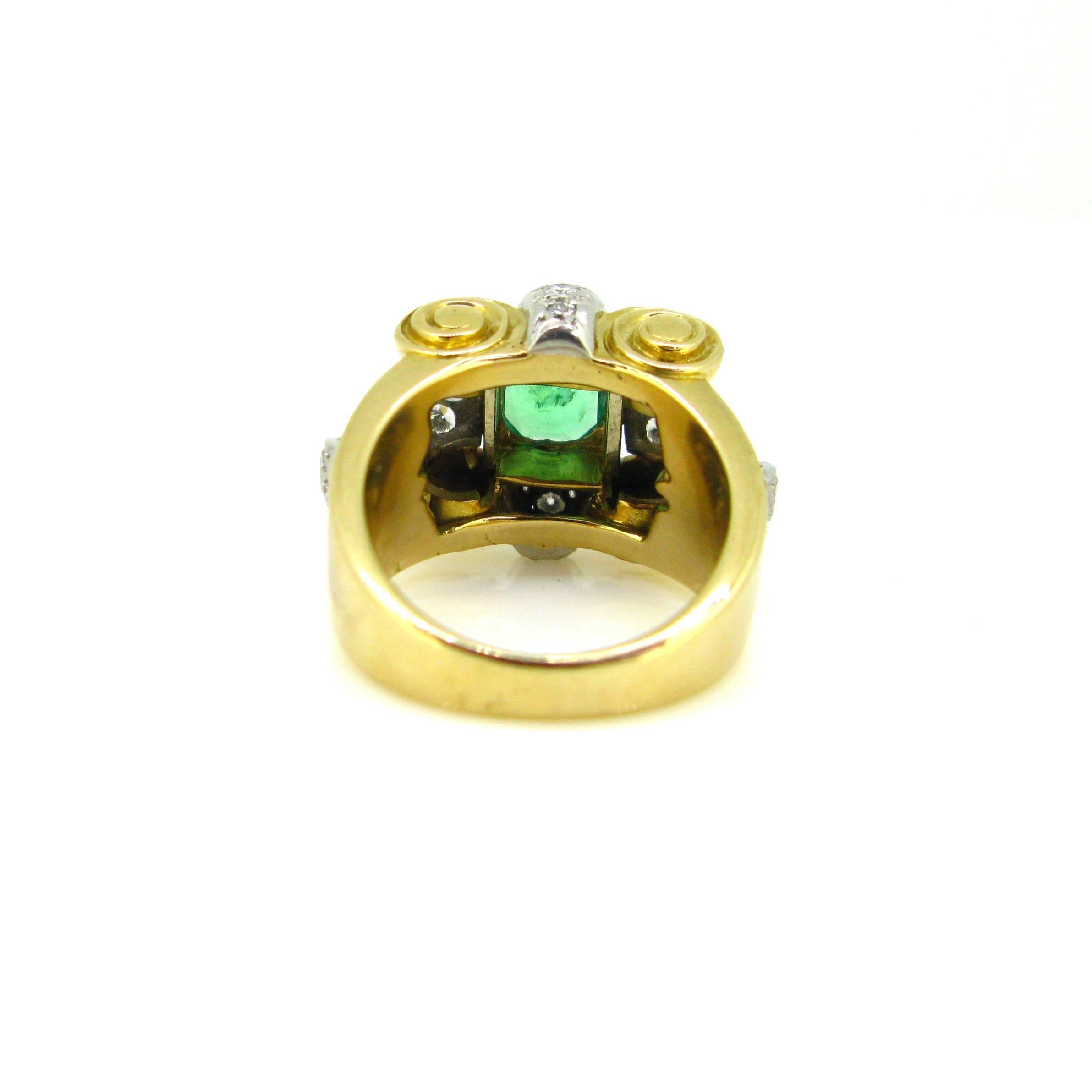 Retro Colombian Emerald Diamonds Yellow Gold Platinum Cocktail Ring 1