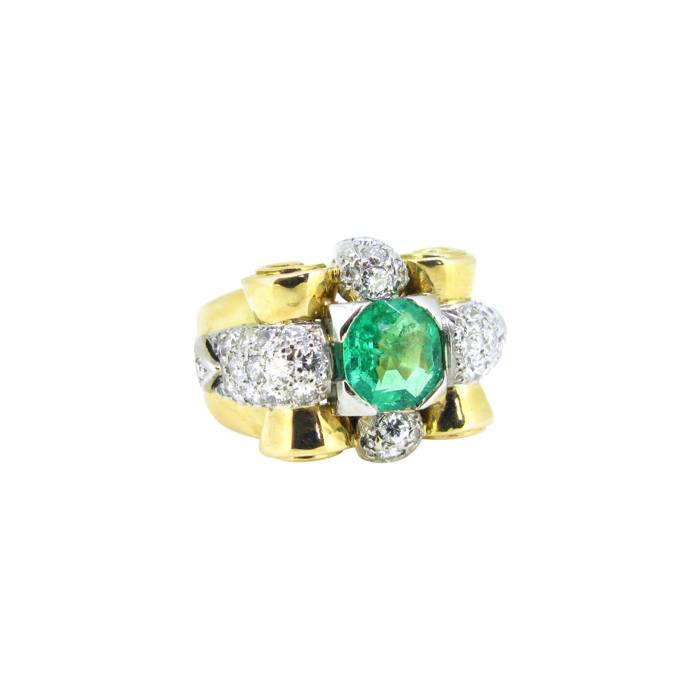 Retro Colombian Emerald Diamonds Yellow Gold Platinum Cocktail Ring