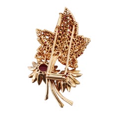 Retro Continental Ruby Pink Tourmaline Diamond Gold Leaf Brooch