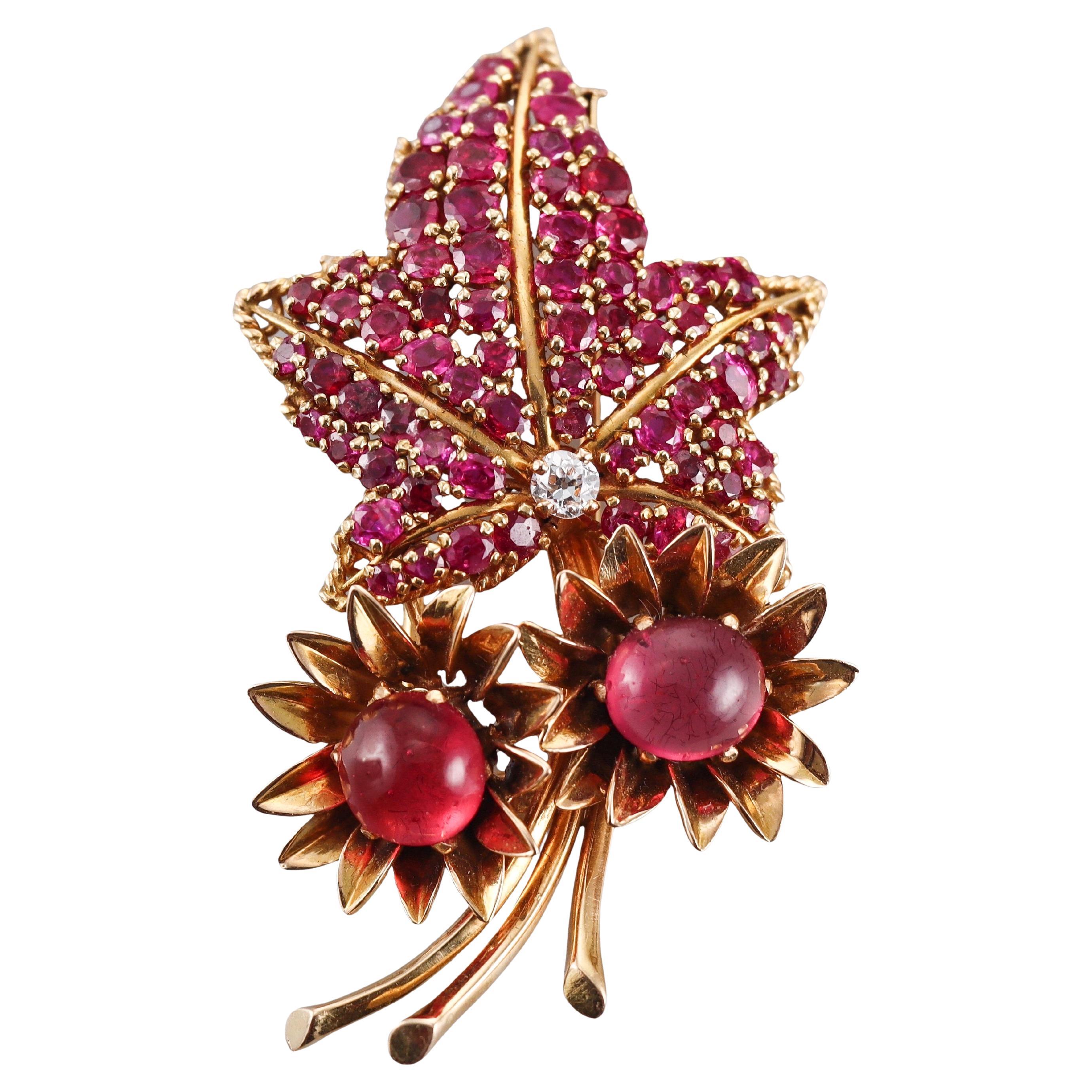 Retro Continental Ruby Pink Tourmaline Diamond Gold Leaf Brooch