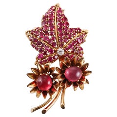 Retro Continental Ruby Pink Tourmaline Diamond Gold Leaf Brooch