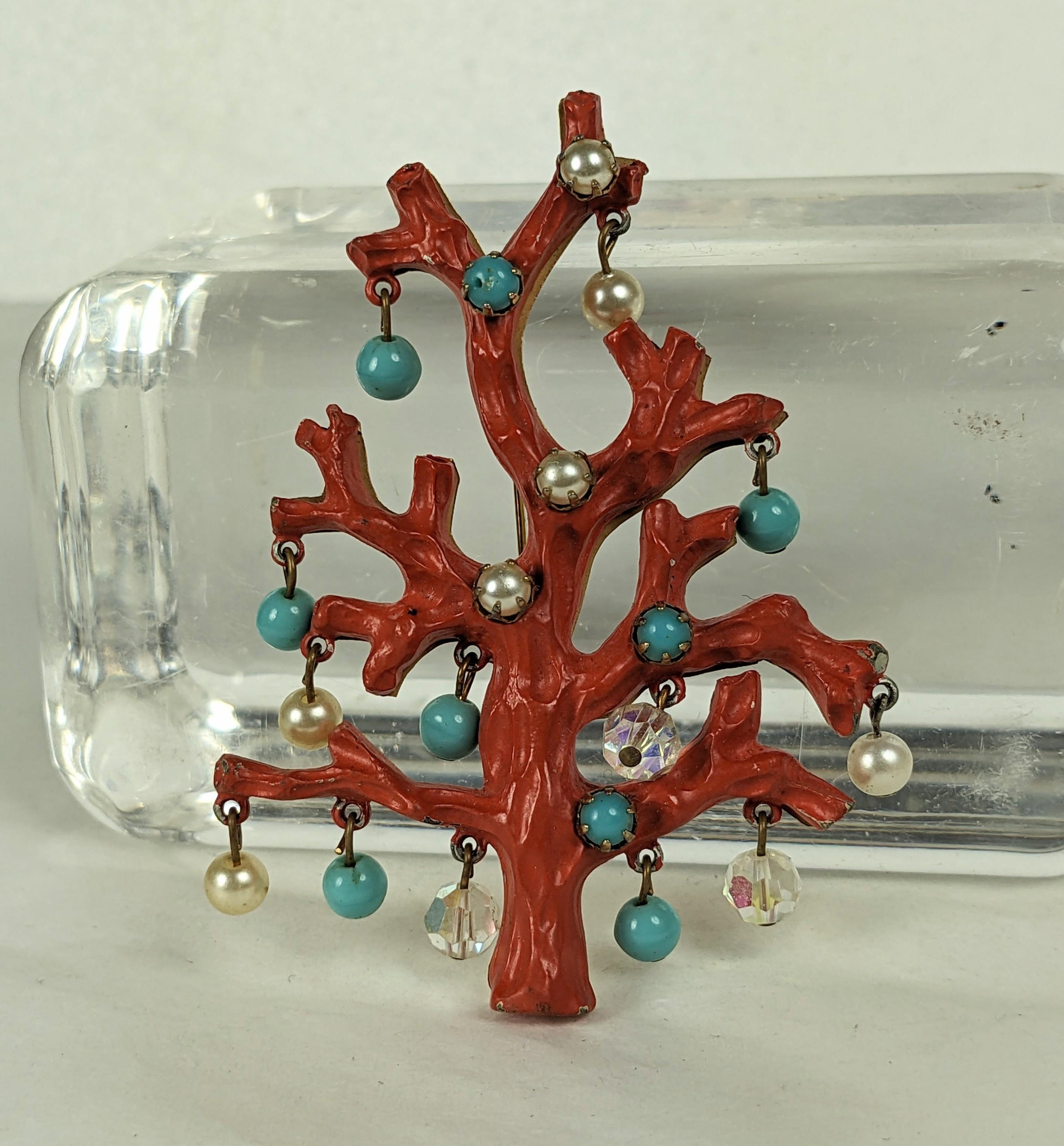 Unusual Coral Branch Trembler Brooch from the 1940's. Enamel metal with glass paste drops. Italy. 3.25