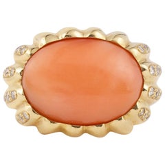 Retro Coral Cabochon Diamonds 18 Carat Yellow Gold Ring Retro Coral Cabochon Diamonds 18 Carat Yellow Gold Ring