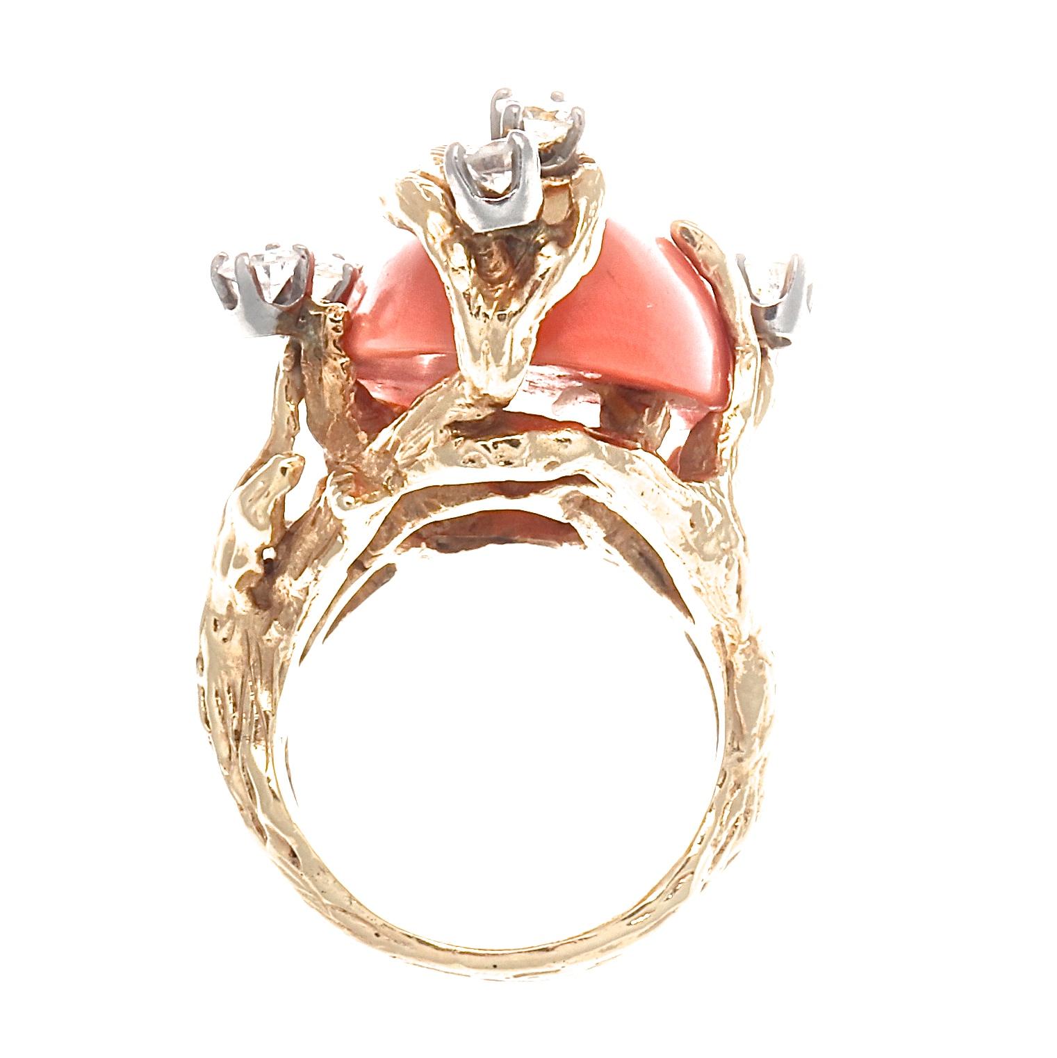 Retro Coral Diamond Gold Cocktail Ring In Excellent Condition In Beverly Hills, CA