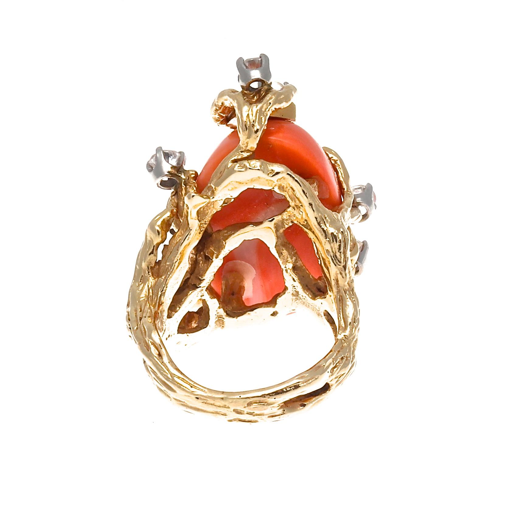 Women's Retro Coral Diamond Gold Cocktail Ring