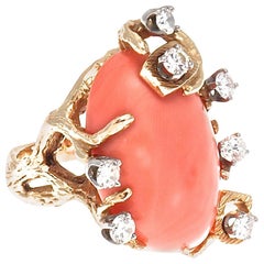 Retro Coral Diamond Gold Cocktail Ring