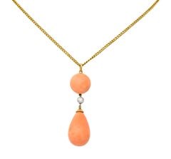 Retro Coral Diamond Platinum Gold Drop Pendant Necklace Circa 1940s