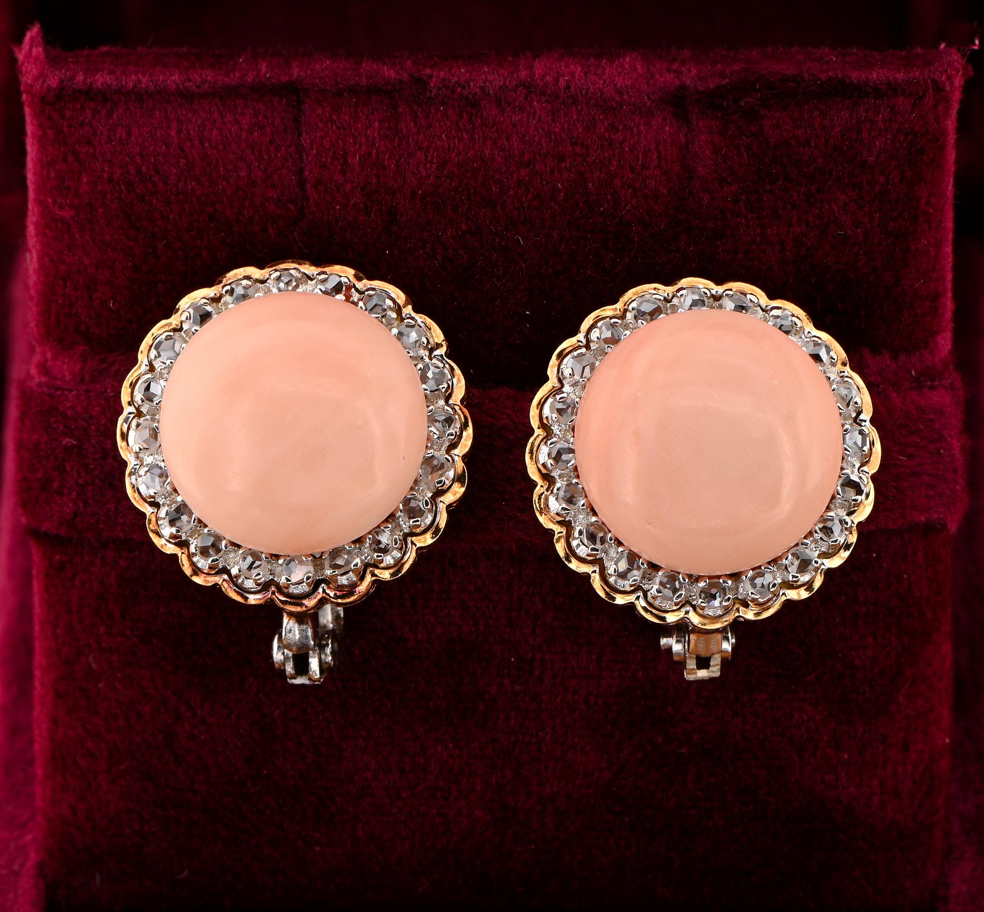 Remarkably Chic
This sensational pair of antique earrings is 1940 ca
entirely hand crafted of solid 18 KT gold white and warm yellow colour, back is totally gold covered – Italian origin, marked for gold and maker number
Large, button shaped, made