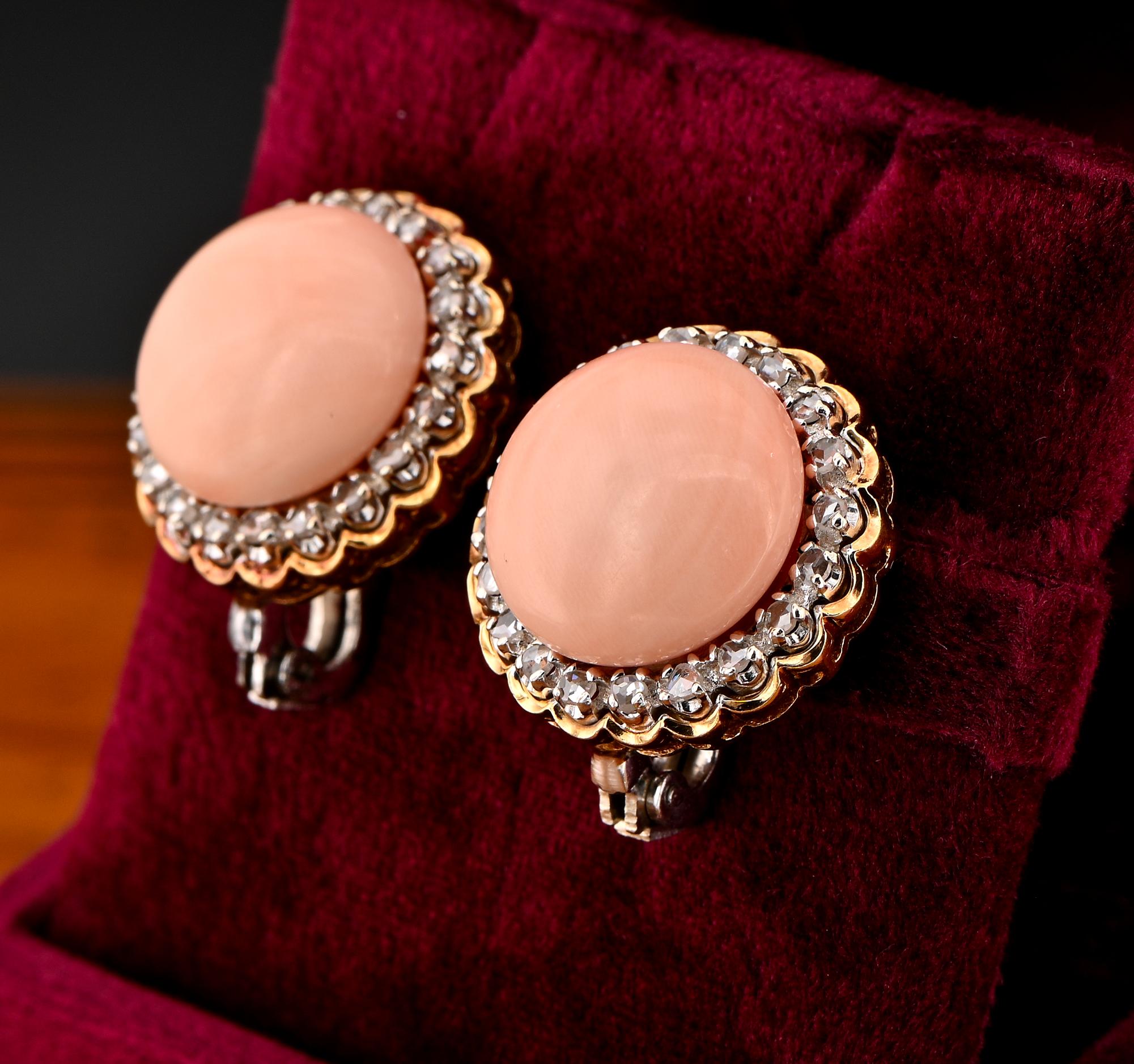 Cabochon Retro Coral Rose Cut Diamond Large Clip Earrings  For Sale