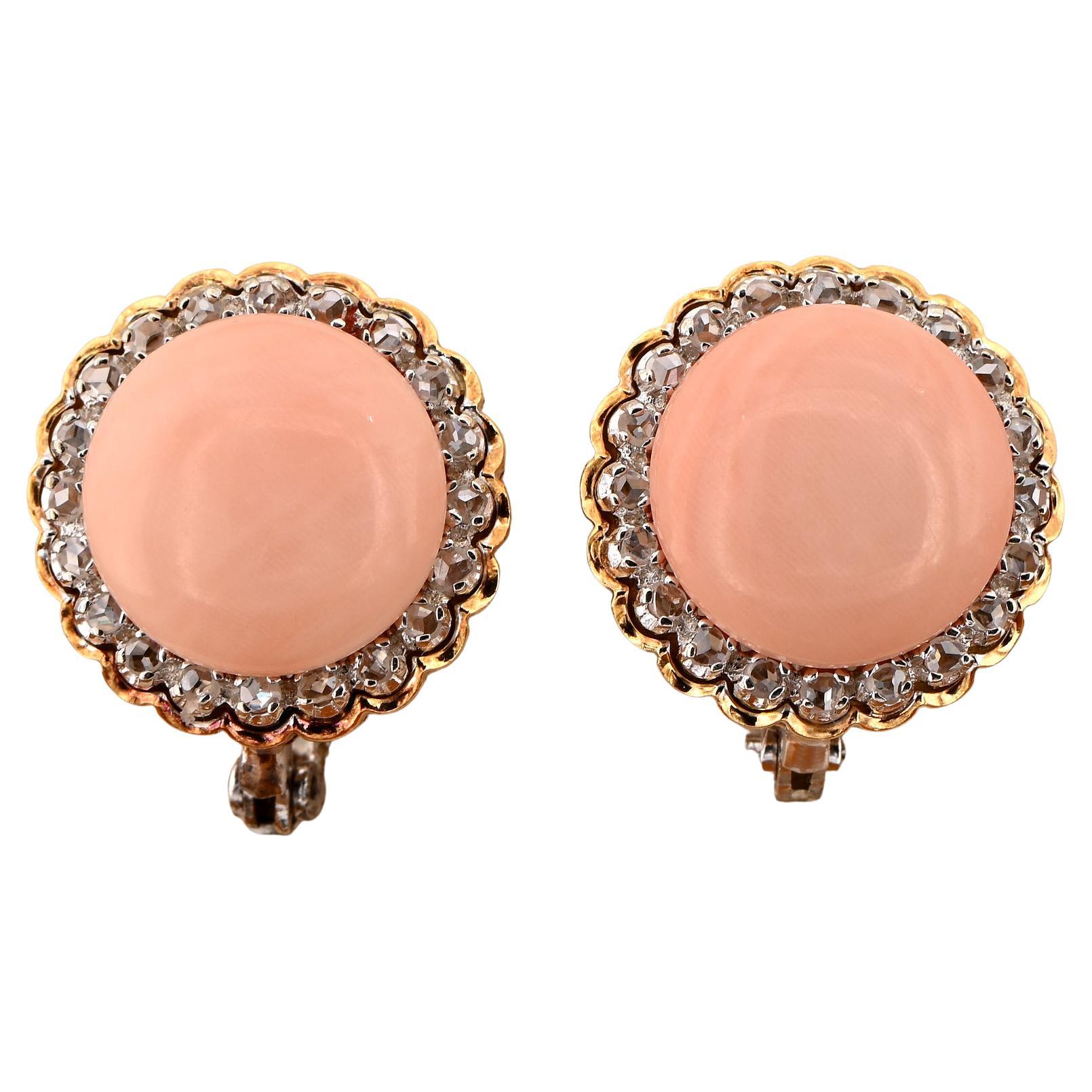 Pendientes de clip grandes con diamantes talla rosa de coral retro