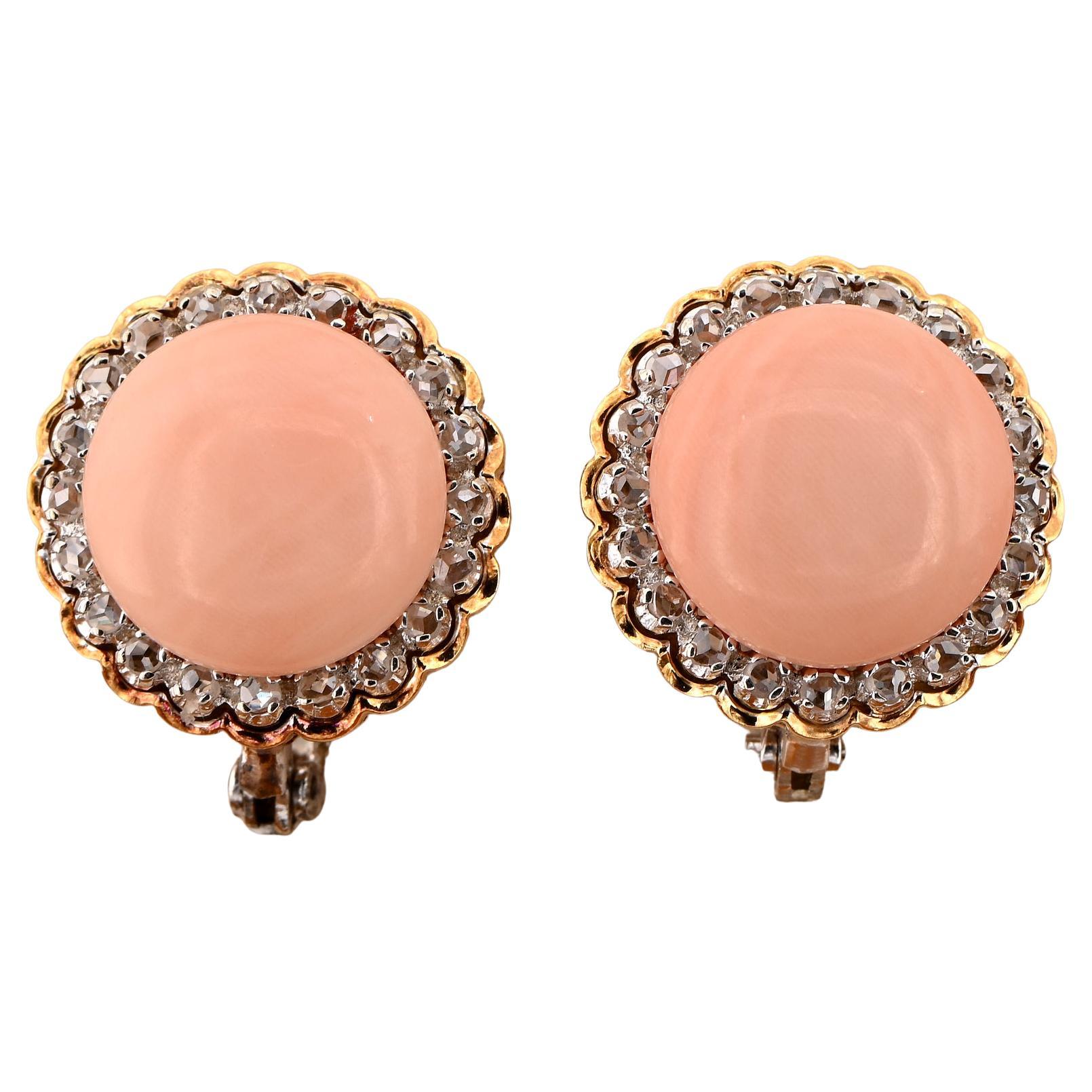 Retro Coral Rose Cut Diamond Large Clip Earrings  For Sale