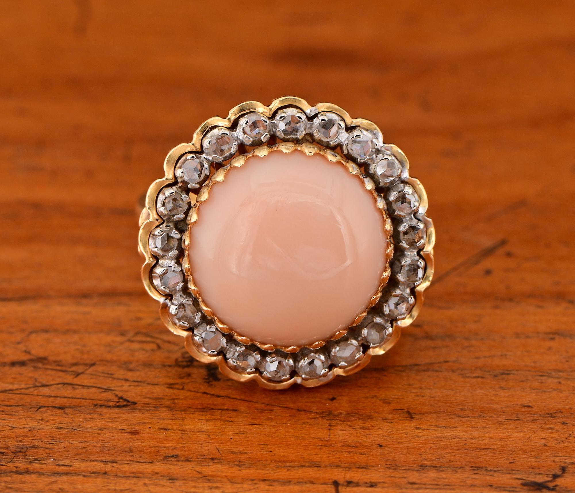 Cabochon Retro Coral Rose cut Diamond Large Cocktail ring For Sale