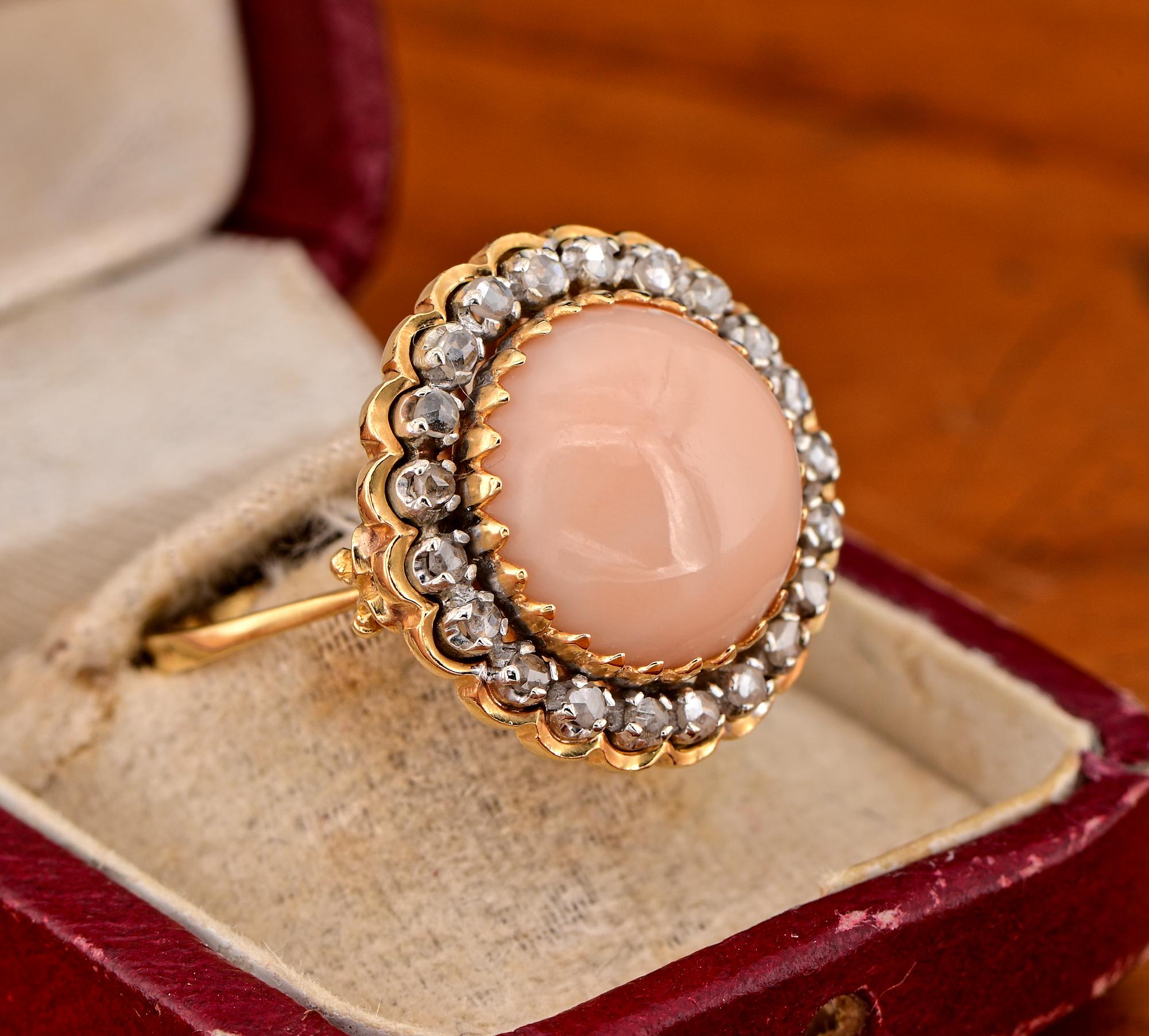 Retro Coral Rose cut Diamond Large Cocktail ring In Good Condition For Sale In Napoli, IT