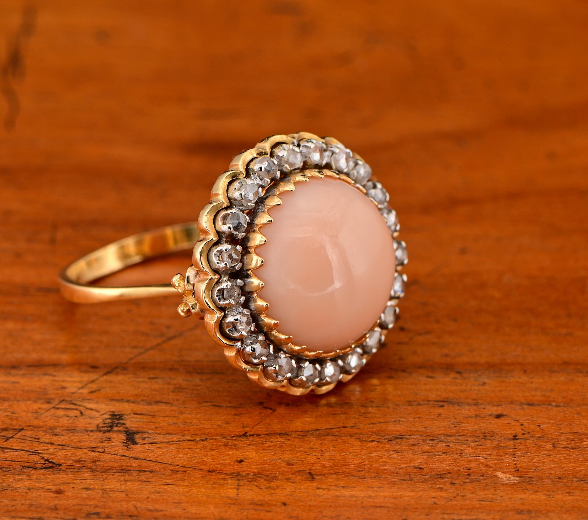 Retro Coral Rose cut Diamond Large Cocktail ring For Sale 1