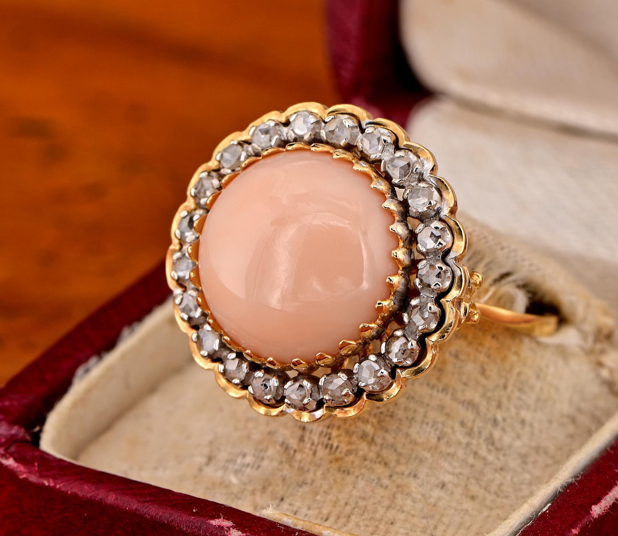 Retro Coral Rose cut Diamond Large Cocktail ring For Sale 2