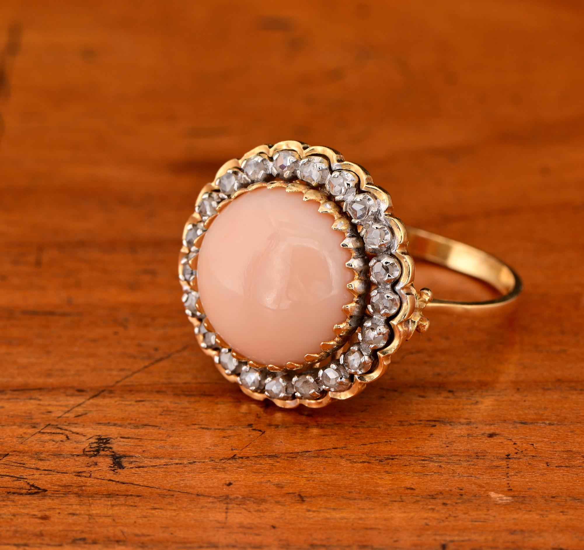 Retro Coral Rose cut Diamond Large Cocktail ring For Sale 4