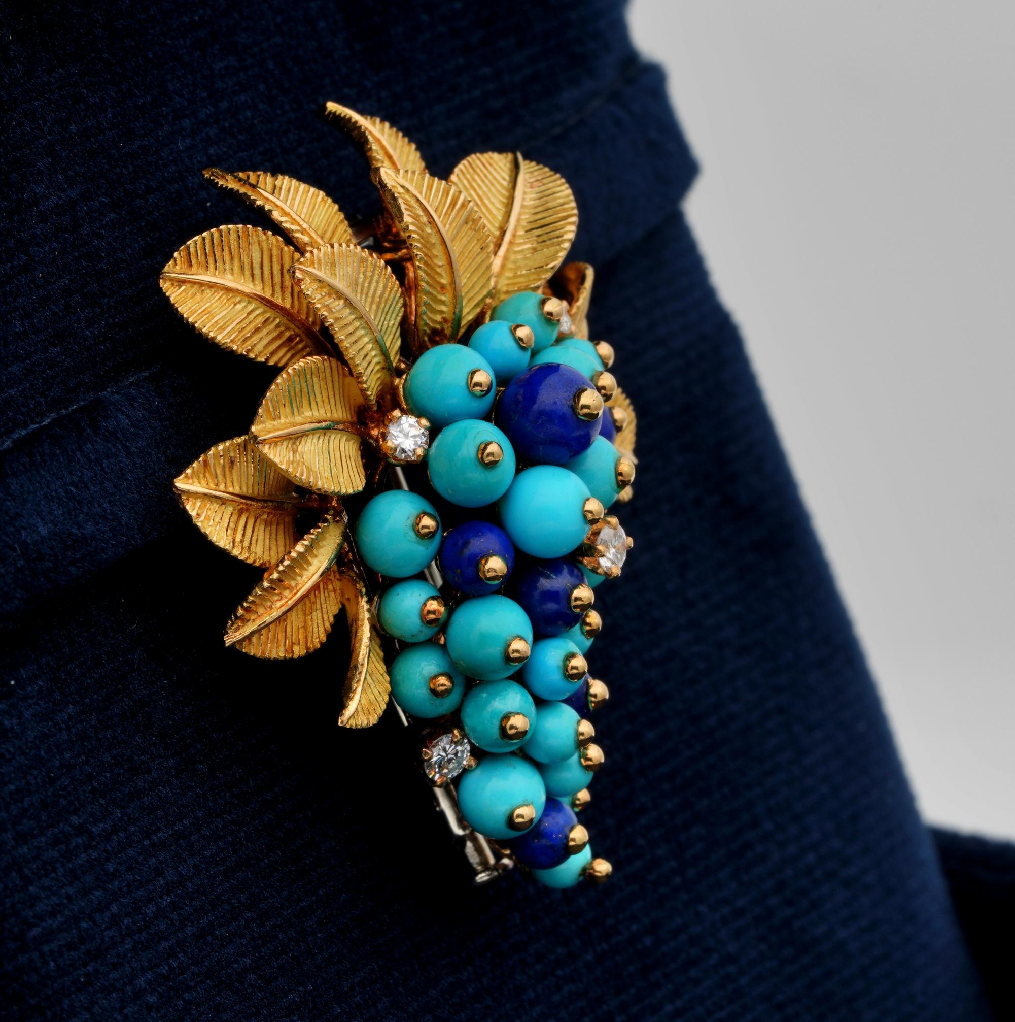 Women's Retro Cornucopia Turquoise Lapis Diamond Brooch For Sale