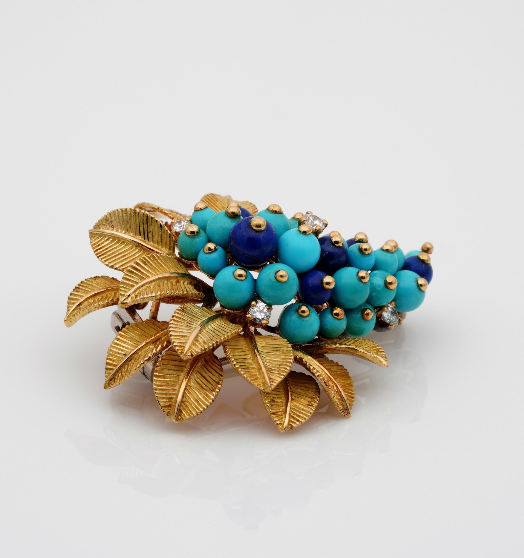 Retro Cornucopia Turquoise Lapis Diamond Brooch For Sale 1