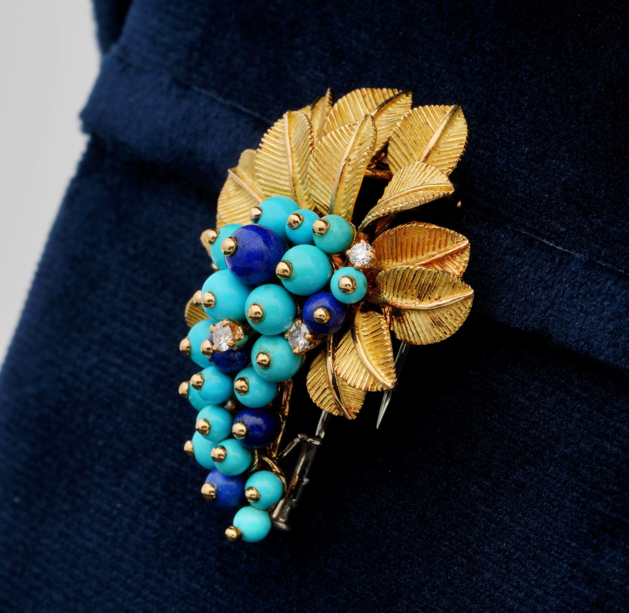 Retro Cornucopia Turquoise Lapis Diamond Brooch For Sale 2