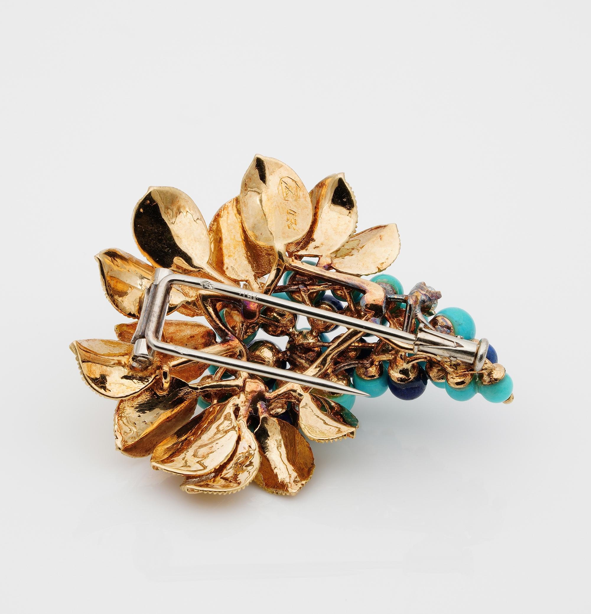 Retro Cornucopia Turquoise Lapis Diamond Brooch For Sale 3