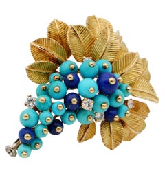 Retro Cornucopia Turquoise Lapis Diamond Brooch