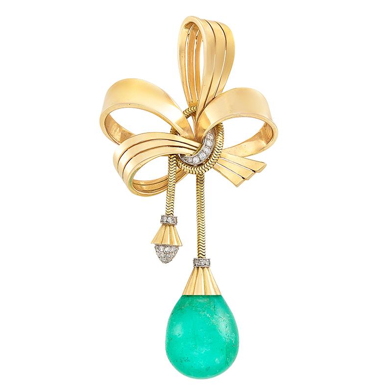 Retro Dangling Emerald Gold Brooch In Good Condition For Sale In New York, NY