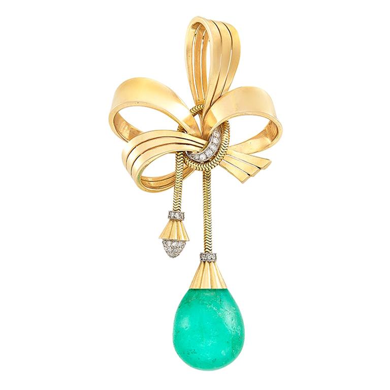 Retro Dangling Emerald Gold Brooch