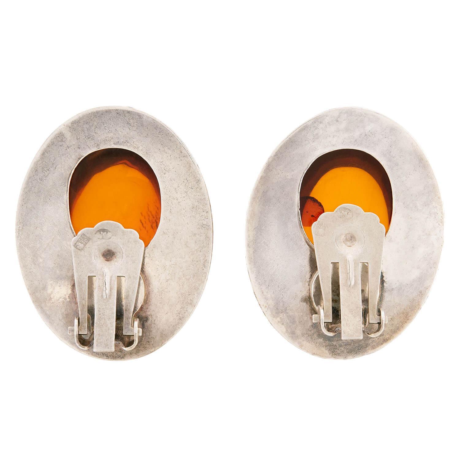 Cabochon Retro Danish Sterling Silver Baltic Amber Earrings For Sale