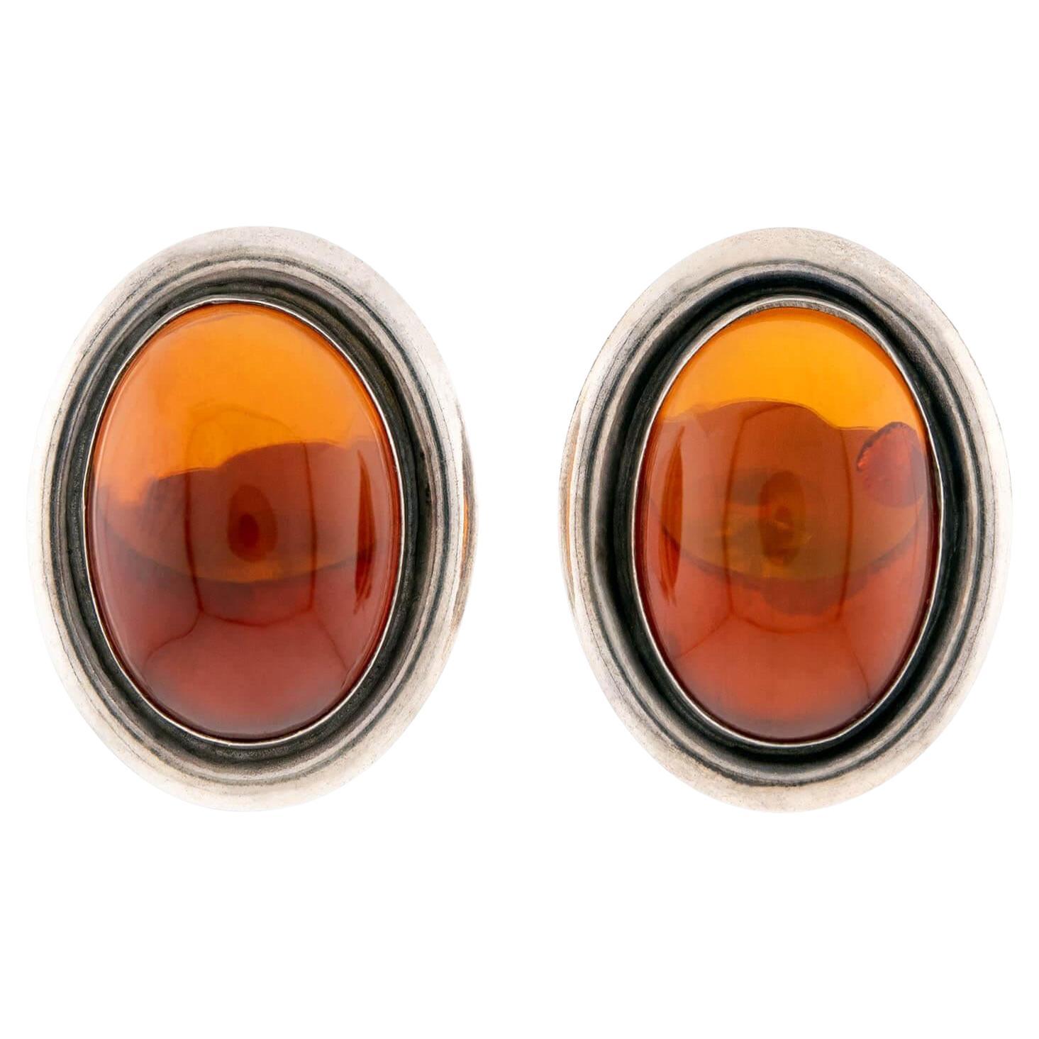 Retro Danish Sterling Silver Baltic Amber Earrings For Sale