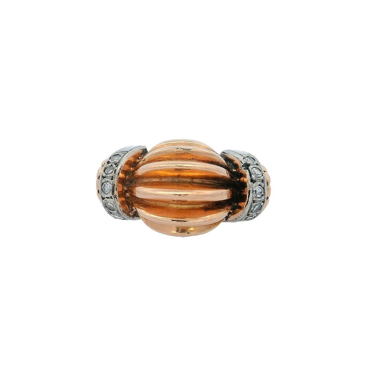 Single Cut Retro Deco 1935 fluted Ring in 18kt Gold and Platinum with Diamonds For Sale
