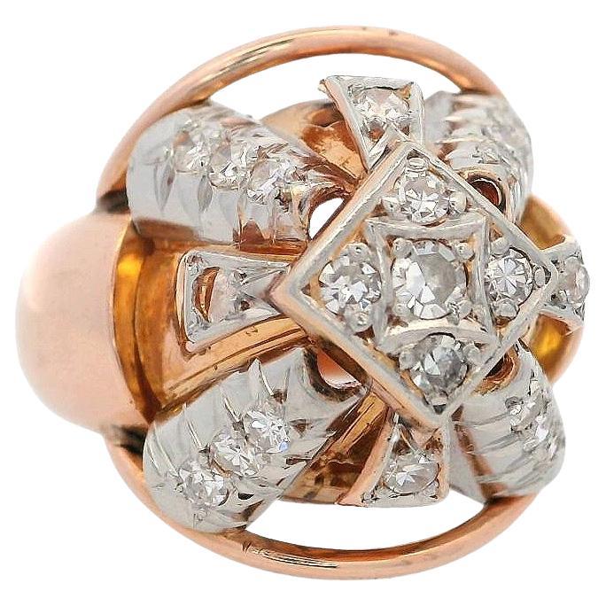 Retro Deco 1940 18kt gold Pyramid Ring with Diamonds