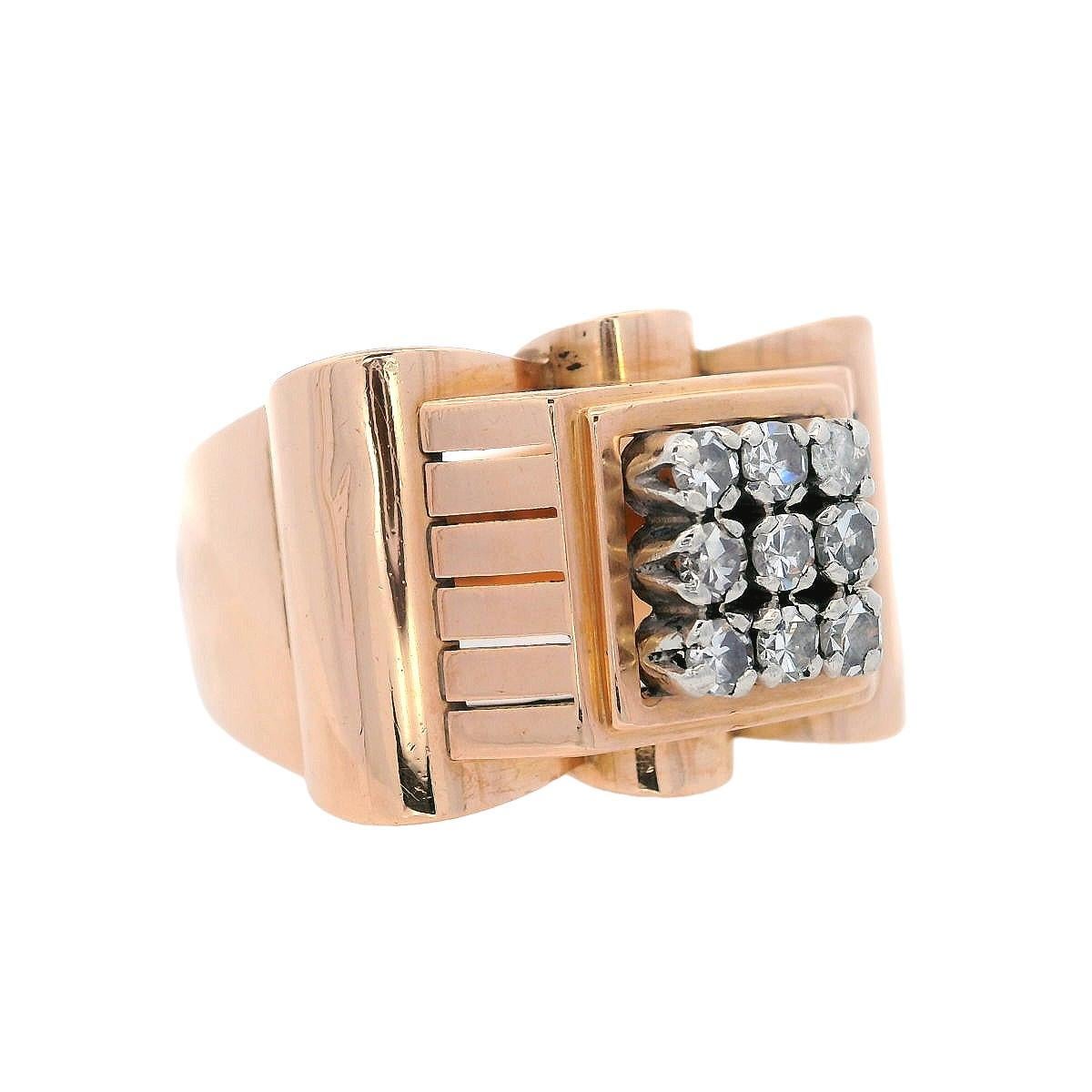 Art Deco Retro Deco 1940 18kt yellow Gold Chevalier Ring with Diamonds For Sale