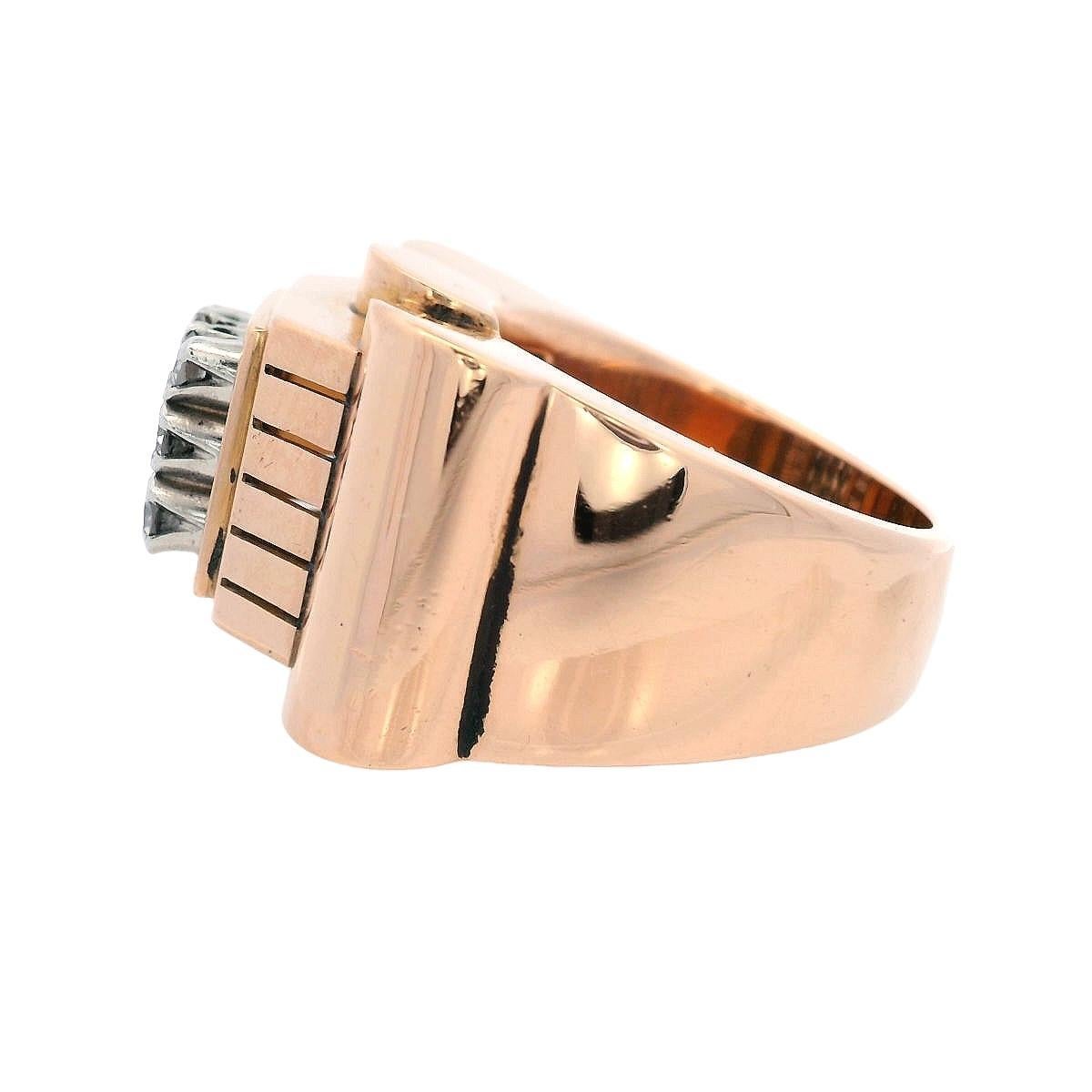 Round Cut Retro Deco 1940 18kt yellow Gold Chevalier Ring with Diamonds For Sale